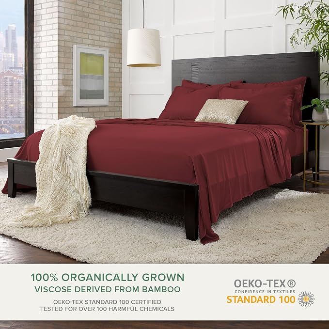 Pure Bamboo Queen Sheets, Genuine 100% Organic Viscose Derived from Bamboo Bed Sheet Set, Luxuriously Soft & Cooling, Double Stitching, 2 Year Quality Promise (Queen, Merlot)