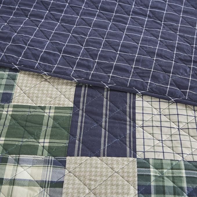 Madison Park Patchwork Farmhouse Green/Navy Queen Quilt Set, 3pc | Diamond Quilted, Reversible Coverlet Set, Plush Cotton Filled, Lightweight, Machine Washable, Easy Care, All-Season, Cozy