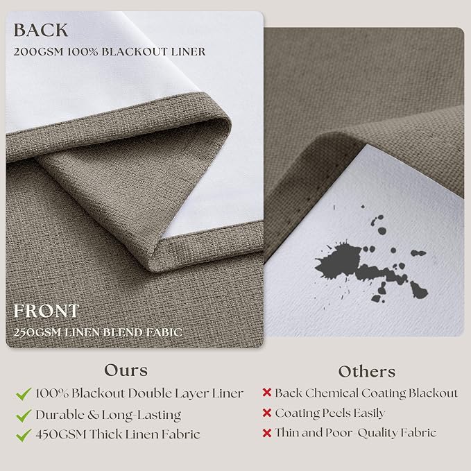 Taupe Gray Linen Blackout Pleated Curtains 90 Inches Long for Living Room | Pinch Pleat, 100% Black Out, Room Darkening, Thermal Insulated, Soundproof, Brownish Grey 90 Inch Drapes for Dining Bedroom