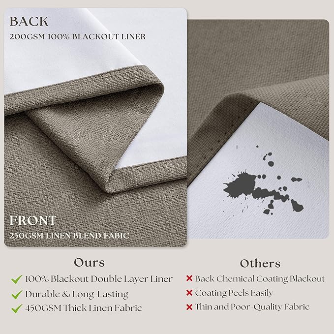 TWODRAPES Taupe Grey Linen Blackout Pleated 105 Inch Curtains for Living Room