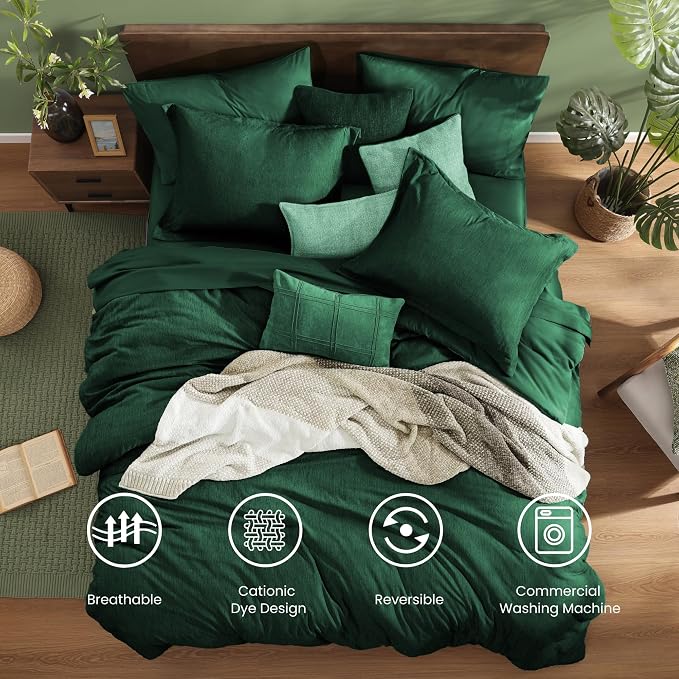 Monbix Full Size Comforter Set 7 Pieces Emerald Green Bed in a Bag | Cationic Dyeing Reversible All Season Bedding Sets with Comforter, Sheets, Pillowcases & Shams