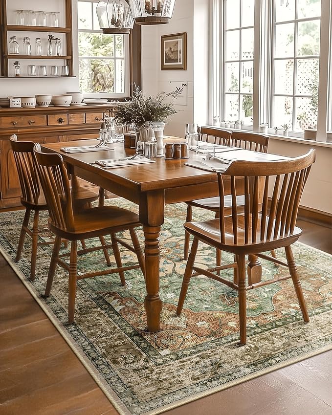 RELEANY Washable Area Rug, 5'x8', Brick/Brown/Green | Non-Slip, Water Repellent, Pet Friendly, Easy to Clean, Vintage Floral Boho Decor for Living Room Bedroom Dining Room Office