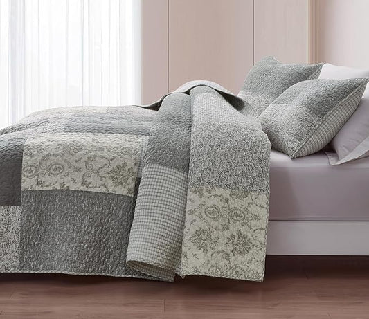 Chezmoi Collection Cooper 3-Piece Muted Gray White Ivory Floral Plaid Patchwork Quilt Set - Pre-Washed Cotton Quilted Lightweight Reversible Bedspread for All Seasons, Queen Size