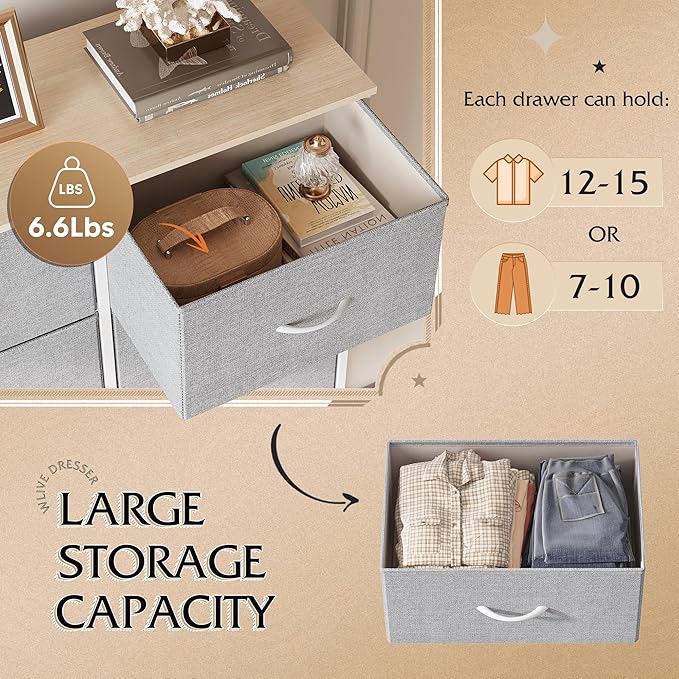 WLIVE Fabric Dresser for Bedroom, Tall Dresser with 8 Drawers, Storage Tower with Fabric Bins, Double Dresser, Chest of Drawers for Closet, Playroom, Dormitory, Light Grey | 8-drawer tall storage tower with fabric bins and wood tabletop, breathable non...