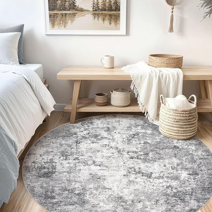 UERMEI 8ft Round Area Rug Living Room Rugs - 8x8 Washable Neutral Modern Abstract Soft Thin Rug Indoor Floor No Slip Rug Carpet for Bedroom Under Dining Table Home Office Decor - Grey