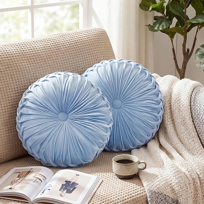 Kathfly 2 Pcs Decorative Round Pleated Throw Pillows, Classy Velvet Pumpkin Round Throw Pillows, Decorative Floor Pillow for Bed Chair Home Sofa Decor, 14" Diameter (Sky Blue)