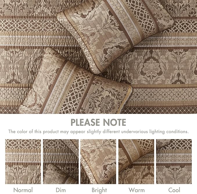 Madison Park Traditional Jacquard Quilt Set, 6PC King/Cal King Coverlet | Damask Design, All Season, with Shams, Decorative Pillows, Lightweight, Reversible, Brown/Gold