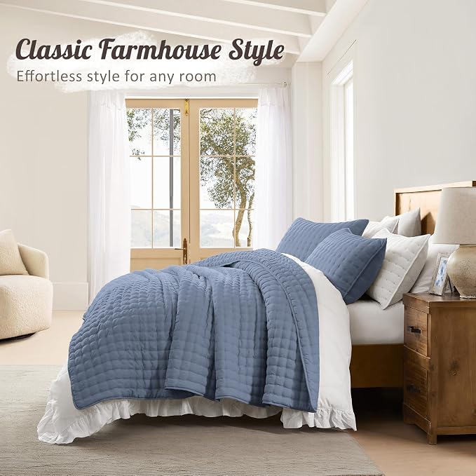 WDCOZY Dusty Blue Cloud Quilt Set Queen Size, Lightweight Soft Cross Stitch Bedspread, Farmhouse Rustic Country Coverlet, Spring Summer Thin Comforter, 3 Pieces, 2 Pillow Shams, 90x90 inches
