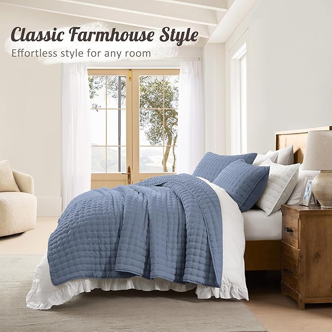 WDCOZY Dusty Blue Oversized King Quilt Set, California Cal King Rustic Bedspread, Lightweight Soft Farmhouse Coverlet, Spring Summer Thin Comforter, 3 Pieces, 2 Pillow Shams, 116x106 inches