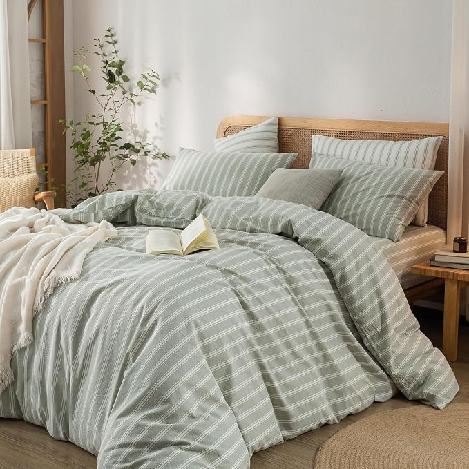 BESTOUCH Striped Cotton Duvet Cover Set Linen Feel Super Queen | 100% Washed Cotton, Soft Wrinkle Texture, Hidden Zipper, 8 Ties, Breathable Lightweight Durable Comfy, 3 Pcs No Insert