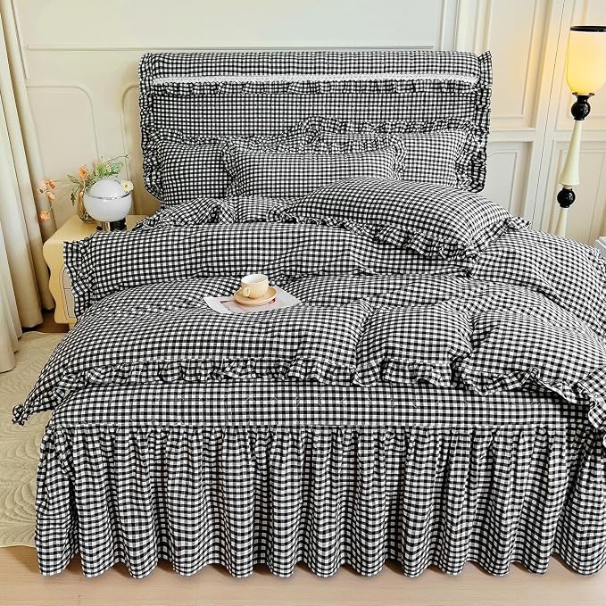 LifeTB Black Gingham Comforter Set Full Size Ruffle Plaid Checkered Pattern Comforter Farmhouse Plaid Gingham Bedding Comforter Set with 2 Pillowcases Luxury Soft Fluffy Grid Bedding Set Full Size