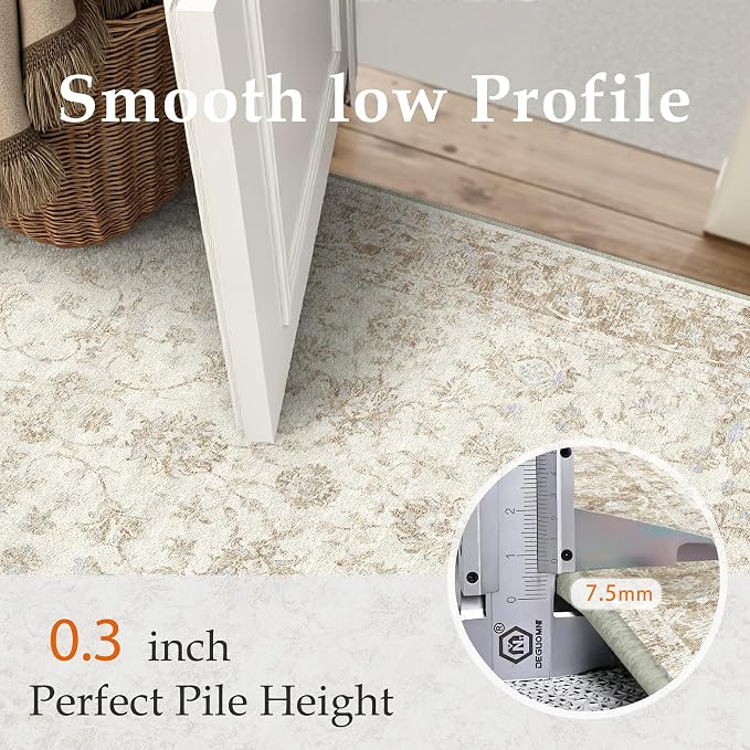 2x3 Beige Neutral Floral Entryway Area Rug | Washable, Soft, Non Slip, Low Pile, Distressed, Small Door Mat for Entrance Bathroom Bedroom Indoor Home Decor