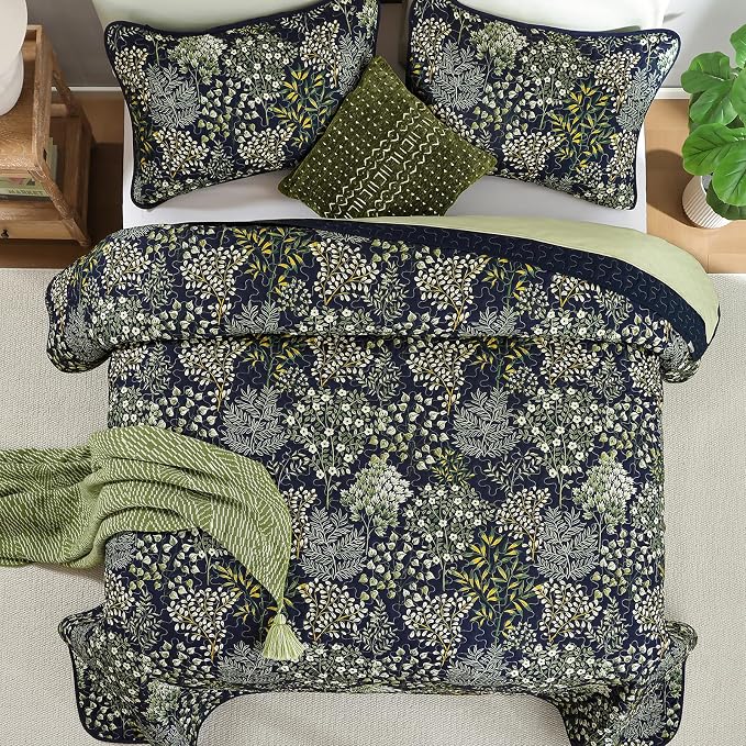 WONGS BEDDING Floral Quilt Set King, 3 Pcs Navy Blue Bedspread Coverlet | Botanical Print Quilt Set for Spring Summer, Lightweight Microfiber Farmhouse Quilted Bed Cover for Guest Room 110"×90"