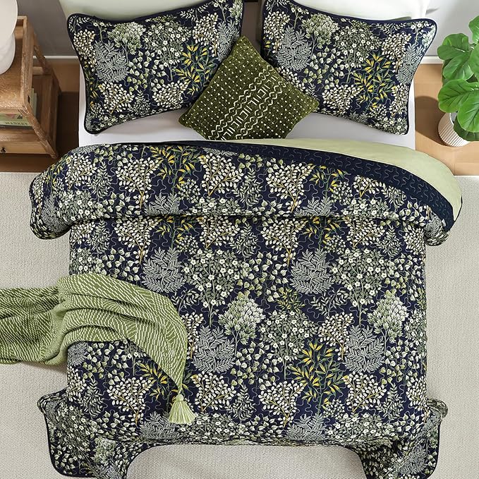 WONGS BEDDING Floral Quilt Set Queen, 3 Pcs Navy Blue Bedspread Coverlet | Soft Lightweight Farmhouse Quilt Bedding Set for Bed, Microfiber Floral Quilted Bed Cover for Guest Room 96"×90"