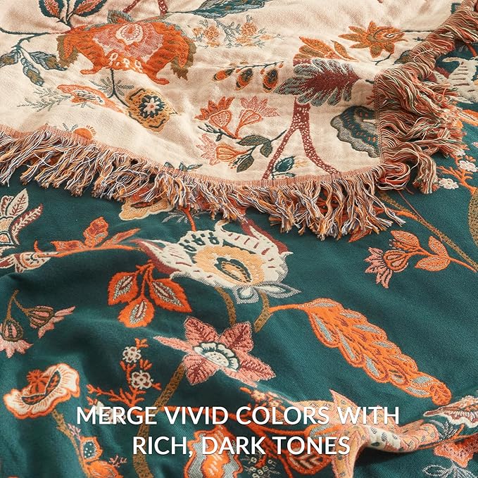 Boho Throw Blanket for Couch Sofa Bed, 100% Cotton Woven Quilt with Tassel 50”x60”, Super Soft Muslin Blanket with Floral Printed, Decorative Reversible Bed Blanket/Cover for All Seasons