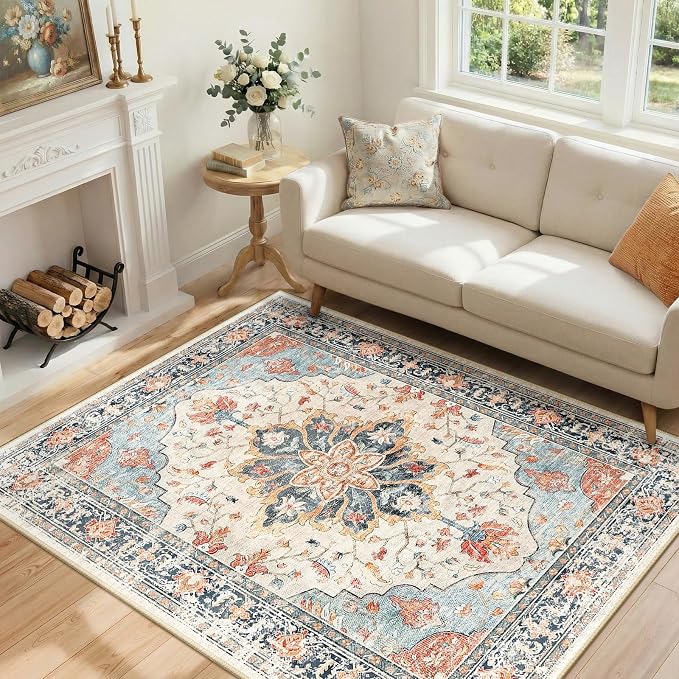 RELEANY Washable Area Rug, 4'x6', Beige/Blue/Orange | Non-Slip, Water Repellent, Pet Friendly, Easy to Clean, Vintage Floral Boho Decor for Living Room Bedroom Kitchen Office