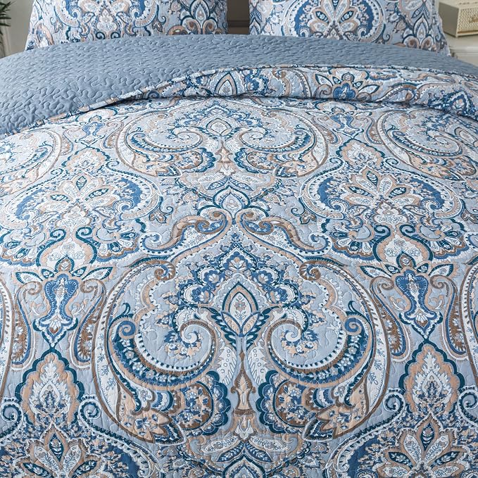 Cotton Bedspread Quilt Sets-Reversible Patchwork Coverlet Set, European Grey Floral Pattern, Queen Size