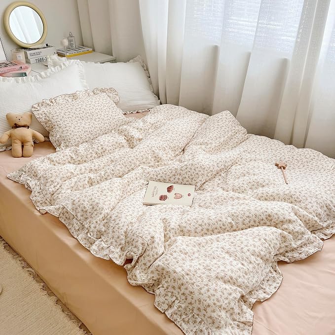 Soft Cotton Muslin Duvet Cover Girls Kids Floral Duvet Cover Beige Crib Bedding Comforter Cover Quilt Cover, 47"x59", Camellia Print (Pillowcases Not Included)
