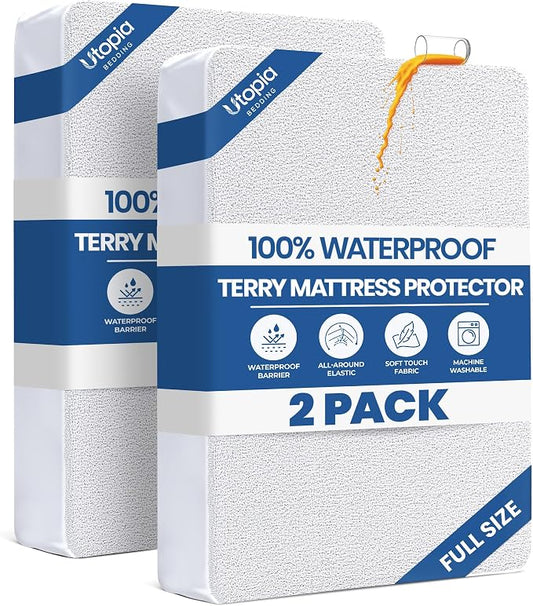 Waterproof Full Mattress Protector 2 Pack fits Upto 15" deep Mattresses | Utopia Bedding 200 GSM Soft & Breathable Mattress Cover, Dirt-Proof, Noiseless, Machine Washable Fitted Sheet Style, White