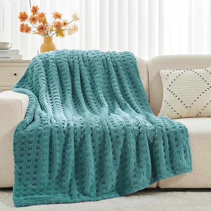 NEWCOSPLAY 3D Waffle Checkered Flannel Throw Blanket, Light Teal, 50"x70" | Super Soft Cute Lightweight Decorative Premium Silky Fleece Blanket for Couch Sofa Bed, Gift for Women Men, All Season Use