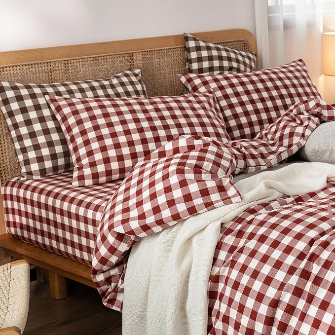 BESTOUCH Gingham Cotton Duvet Cover Set Fired Brick Red Twin | Washed Cotton, Linen Feel, Soft Wrinkle Texture, Hidden Zipper, 8 Ties, Breathable Lightweight Durable Comfy, 2 Pcs No Insert