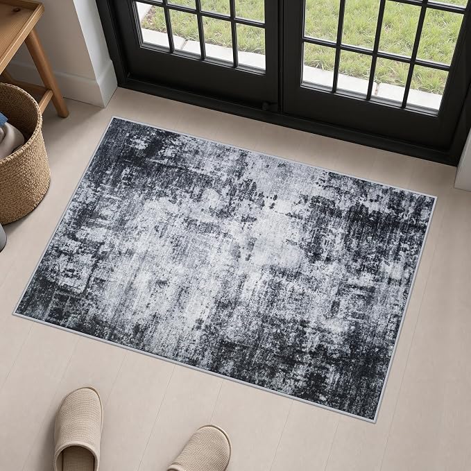 2x3 Washable Entryway Rug: Modern Abstract Soft Carpet Dark Black | For Entrance, Bedroom, Kitchen, Laundry, Bathroom,Door Mat,Modern Abstract,Machine washable,Non-Slip,Stain Resistant,Indoor
