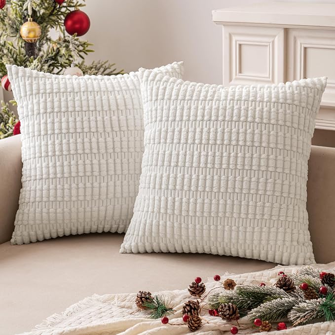 MIULEE Corduroy Decorative Throw Pillow Covers 18x18 Pure White Pack of 2 | Soft Boho Striped Pillow Covers Modern Farmhouse Home Decor For Sofa Living Room Couch Bed