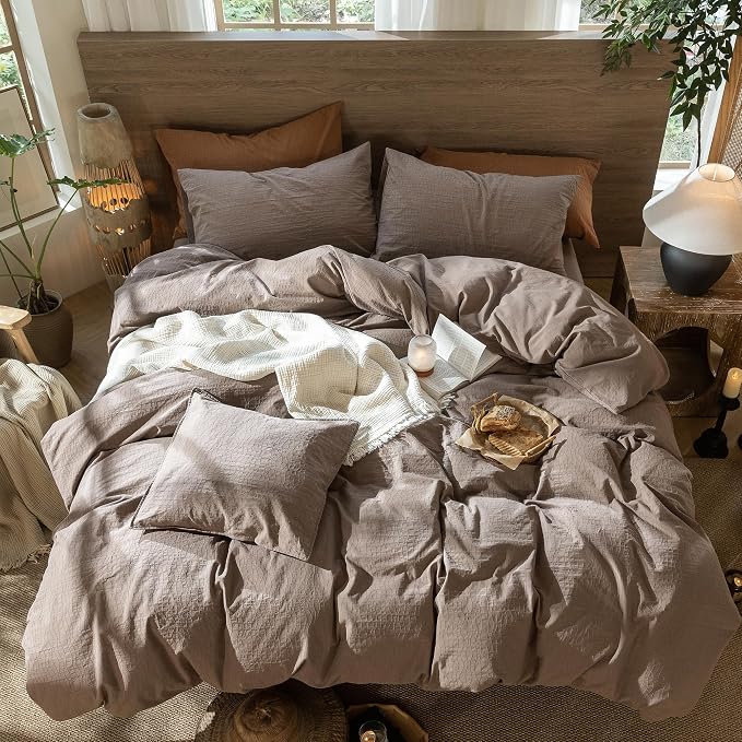 MooMee Wavy Striped Duvet Cover Set 100% Washed Cotton Linen Like Textured Breathable Durable Soft Comfy (Brown, Queen 90"x90")