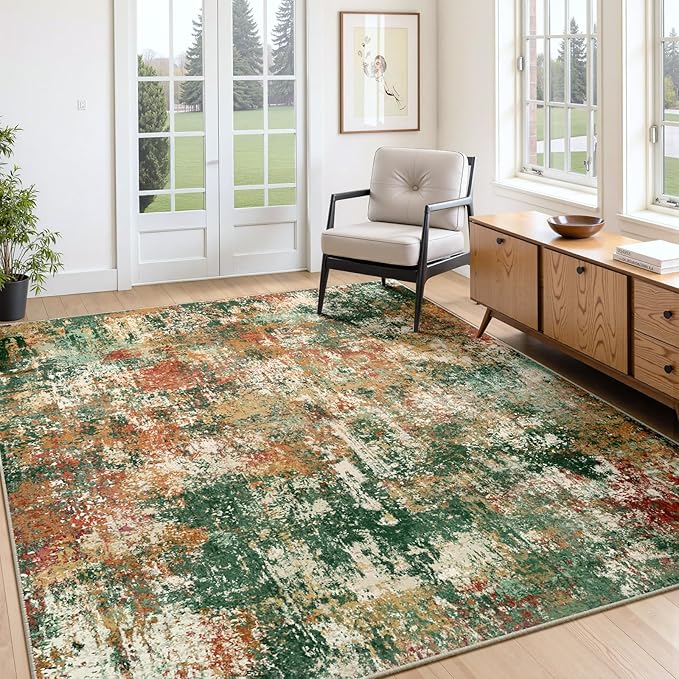 RELEANY Washable 4'x6' Abstract Area Rug for Living Room Green Multi | Carpet for Bedroom, Kitchen, Office, Hallway and Entryway, Printed Pattern, Non‑Slip, Soft, Stain‑Resistant, Easy to Clean