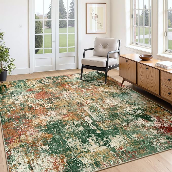 RELEANY Washable 5'x8' Abstract Area Rug for Living Room Green Multi | Carpet for Bedroom, Kitchen, Office, Hallway and Entryway, Printed Pattern, Non‑Slip, Soft, Stain‑Resistant, Easy to Clean
