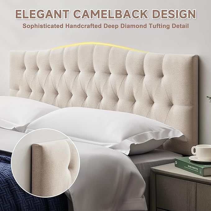 Tufted Upholstered King Size Headboard Only, Adjustable 38-50 in, Beige | King Headboard for King Size Bed, Durable Linen Fabric Headboards, Modern Diamon Design Wood Head Board