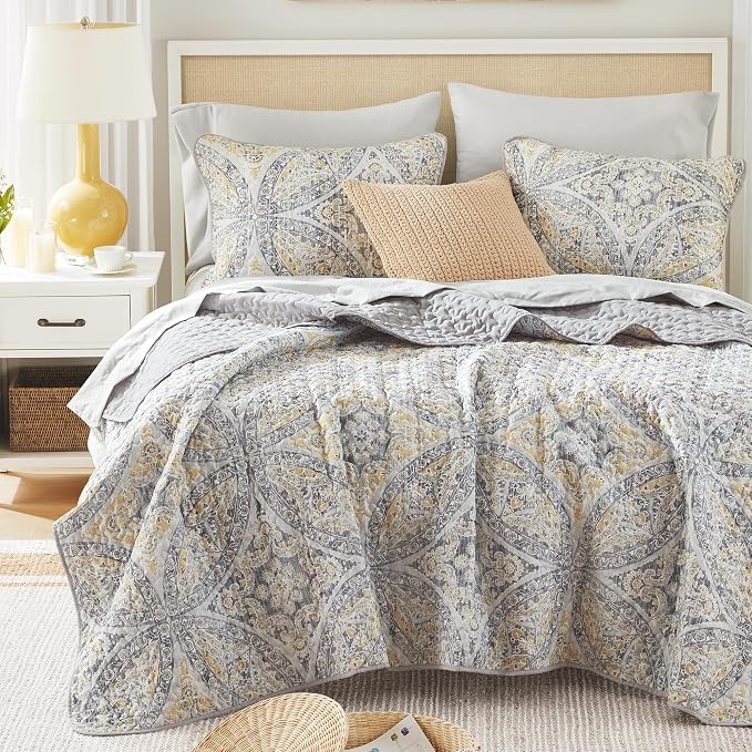Comfort Spaces Gloria Full Queen Quilt Set 3 Piece for Summer Gray/Yellow | Reversible Coverlet Bedspread, Soft All Season, Medallion Pattern, Winter Layer with Shams Modern Lightweight, Cozy Comfort