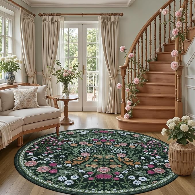 PLHXFR Round Area Rug Living Room: 6 ft Floral Washable Carpet Dark Green | For Bedroom Dining Room Farmhouse Nursery Hallway,Vintage Floral,Machine washable,Non Slip,Stain Resistant,Large Indoor