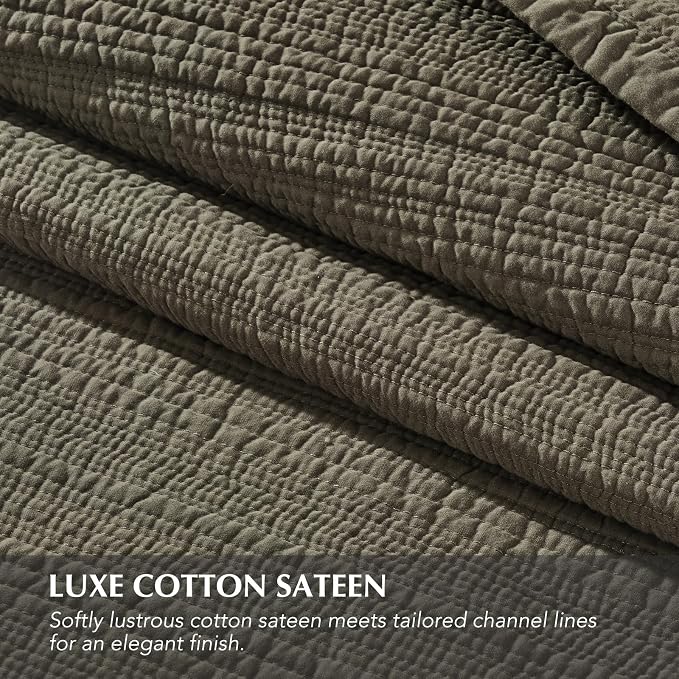 EVERGRACEHOME Cotton Sateen Channel Quilt Set, Queen Size, Moss Green | 100% Cotton, Pre-Washed Soft Coverlet Bedspread, 3-Piece Refined Channel Stitch Bedding Set for All Season, 2 Pillow Shams