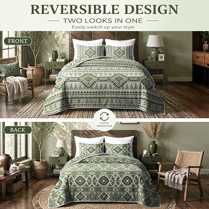 akkialla Reversible Green Boho Twin Quilt Set, 2-Piece Bohemian Aztec Microfiber Bedspread, Soft Lightweight All-Season Coverlet (1 Quilt, 1 Sham)