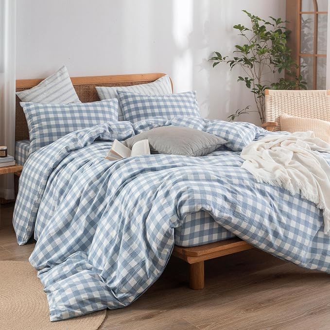 BESTOUCH Gingham Cotton Duvet Cover Set Cornflower Blue Full | Washed Cotton, Linen Feel, Soft Wrinkle Texture, Hidden Zipper, 8 Ties, Breathable Lightweight Durable Comfy, 3 Pcs No Insert