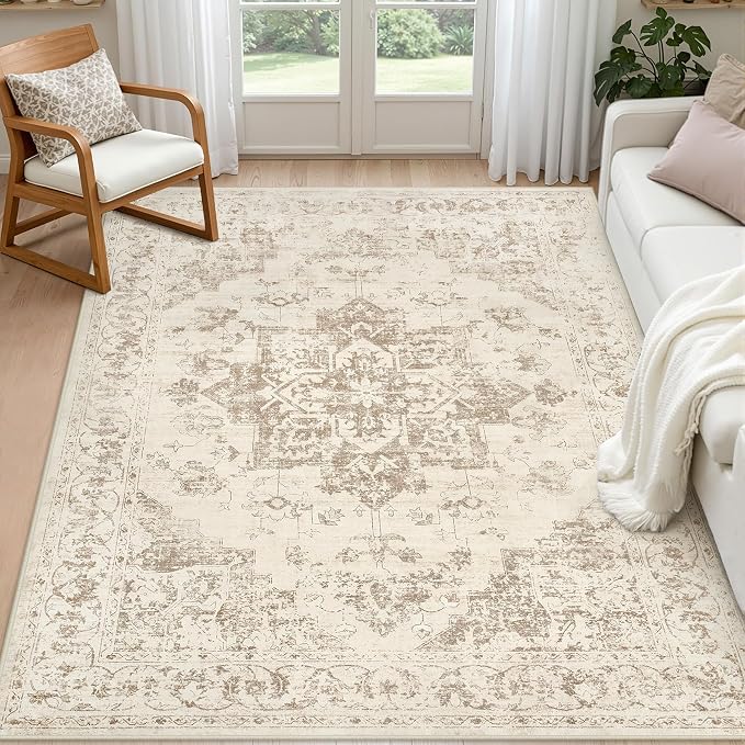 6x9 Area Rugs Living Room: Bedroom Washable Carpet Beige/Ivory | Vintage Boho Soft Small Indoor Decor Floor Non-Slip Low Pile Neutral Farmhouse Entryway Laundry Bathroom Bedroom Beside Rugs