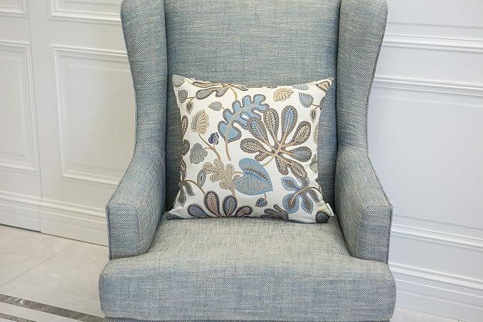 Mika Home Set of 2 Jacquard Tropical Leaf Pattern Throw Pillow Covers Decorative Pillowcase 20x20 Inches, Blue Cream