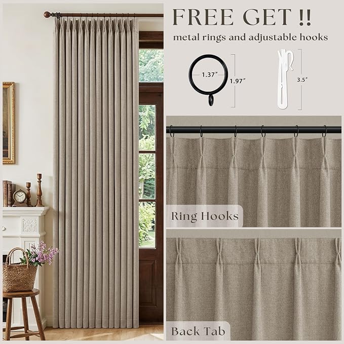 Deep Flax Blackout Pinch Pleat 100 Inch Linen Curtains 2 Panels Set | for Living Room Bedroom, Farmhouse Pinch Pleated Back Ta Thermal Insulate 100% Black Out Window Curtains, Taupe Colored
