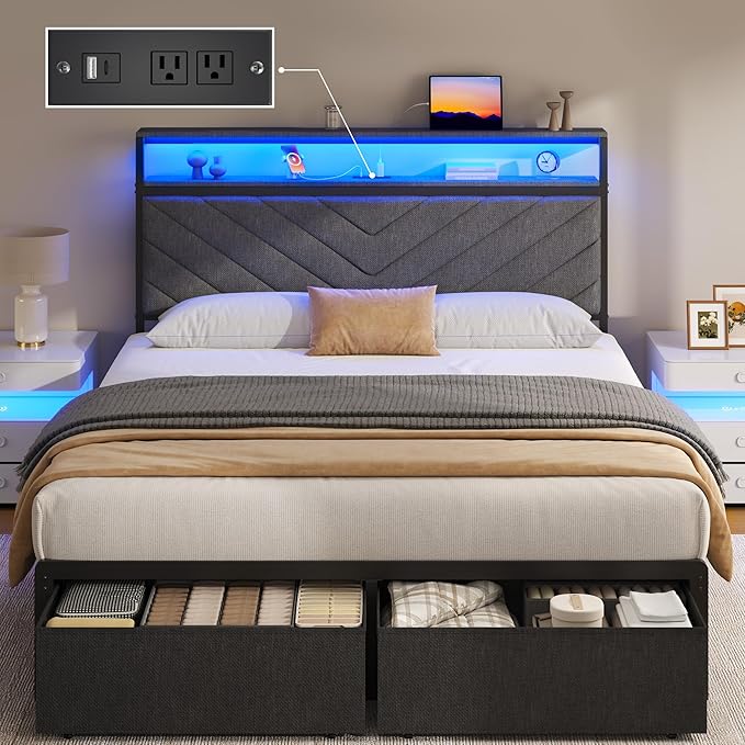 Fluest Full Bed Frame with 2 Drawers, Upholstered Headboard with Storage and Charging Station, LED Lights, Fabric Drawers with Wheels, Under Bed Storage, No Box Spring Needed, Easy Assembly, Grey