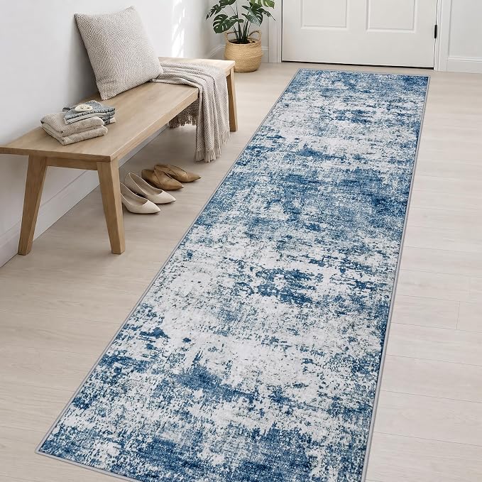 3x14 Washable Runner Rug：Modern Abstract Kitchen Soft Carpet Blue | For Hallway, Bedroom, Kitchen, Laundry, Bathroom,Door Mat,Modern Abstract,Machine washable,Non-Slip,Stain Resistant,Indoor