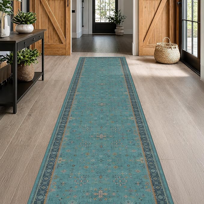 Vintage 3x12 Long Hallway Runner Rug - Teal Boho 3x12 Kitchen Floor Mat, Low Pile Thin Carpet for Bedroom Bedside, Washable Modern Eclectic Boho Design Décor