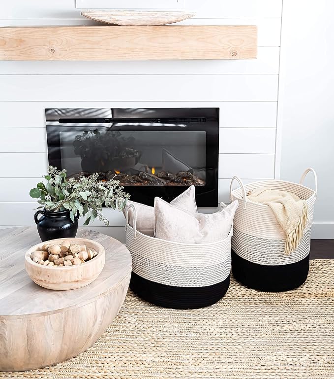 OrganiHaus Round Toy Basket & Blanket Basket, Cotton Rope 20x13" | 3-Toned Black - Round Cotton Rope Basket, 20x13"