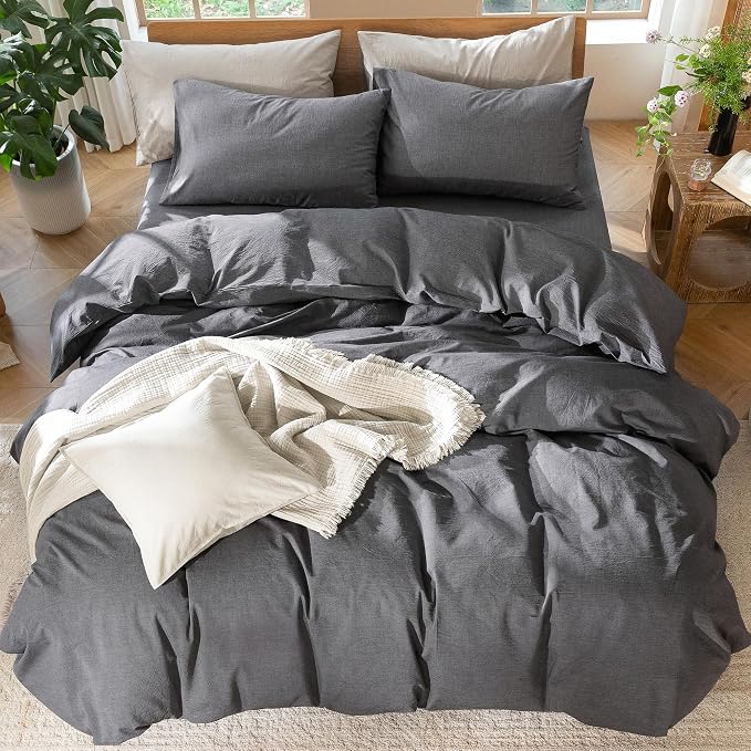 MooMee Duvet Cover Set 100% Washed Cotton Linen Like Super Queen | Relaxed Linen-like Texture. Soft, Breathable & Long-lasting Comfort. Lightweight. Hidden Zipper with 8 Interior Corner Ties
