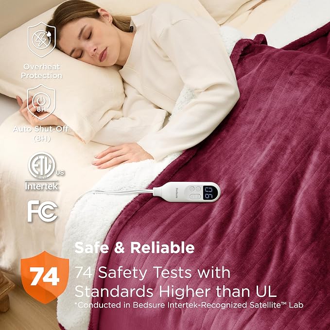 Bedsure Heated Blanket Twin Size, Electric Blanket with Preheat, Burgundy | 6 Heat/6 Timer Settings, 8H Auto Shut-Off, ETL/FCC, Soft Flannel Sherpa, Machine Washable, Gifts for Grandma Grandpa, 62x84in