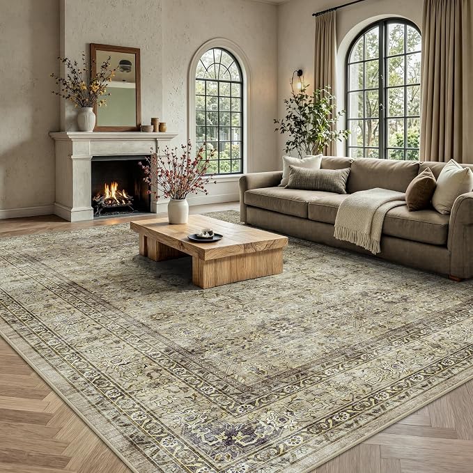 8x10 Area Rugs for Living Room - Washable Vintage Retro Large Rug, Soft Ultra Thin Non Slip Low Pile Traditional Distressed Boho Carpet for Bedroom Dining Room Home Office, Beige Brown