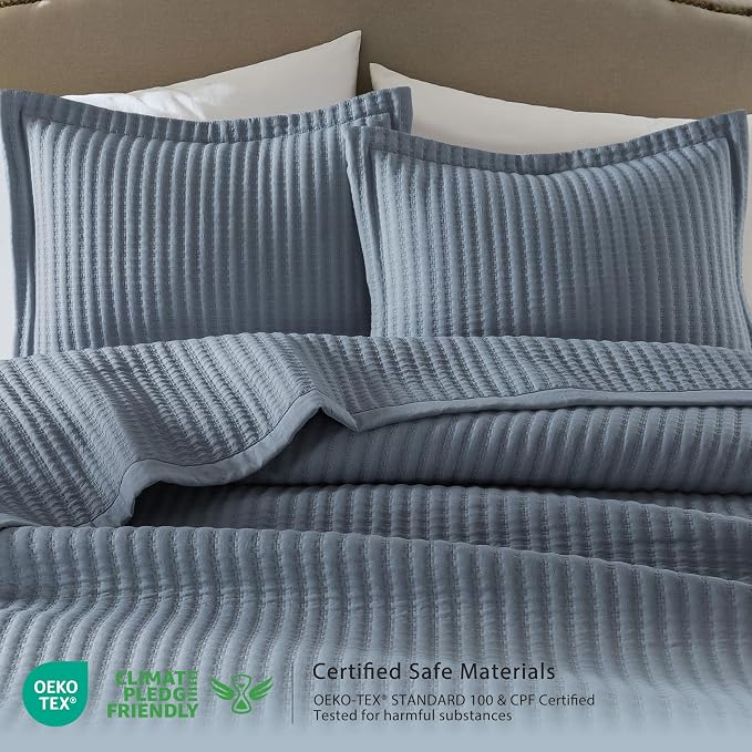 WDCOZY Dusty Blue Queen Size Quilt Set, Striped Pick Stitch Bedspread | Lightweight Soft Channel Coverlet, Spring Summer Thin Comforter, Farmhouse Rustic Country Bedding