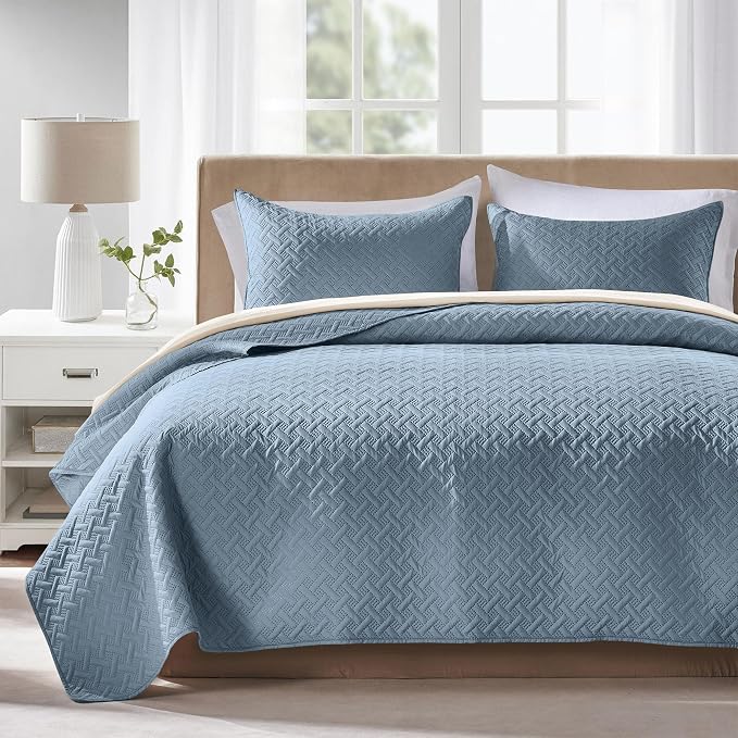 FLYMME Quilts Queen Size,Lightweight Dusty Blue Bedspreads,Basket Weave Pattern,Ultra Soft Microfiber Bed Coverlet 3 Pieces for All-Seasons (1 Quilt,2 Shams)