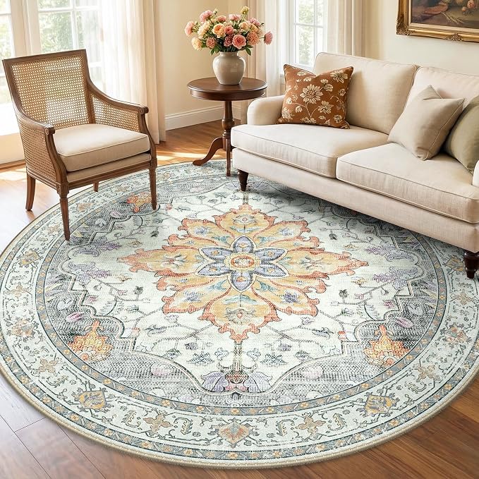 RELEANY Washable Area Rug, Round 6ft, Beige/Carbon Grey/Orange | Non-Slip, Water Repellent, Pet Friendly, Easy to Clean, Vintage Floral Boho Decor for Living Room Bedroom Dining Room