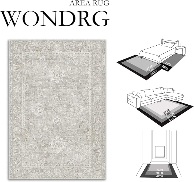 2x6 Grey Neutral Runner Rug | Washable, Vintage, Soft, Non Slip, Low Pile, Distressed, Carpet for Kitchen Hallway Bathroom Indoor Nursery Home Decor